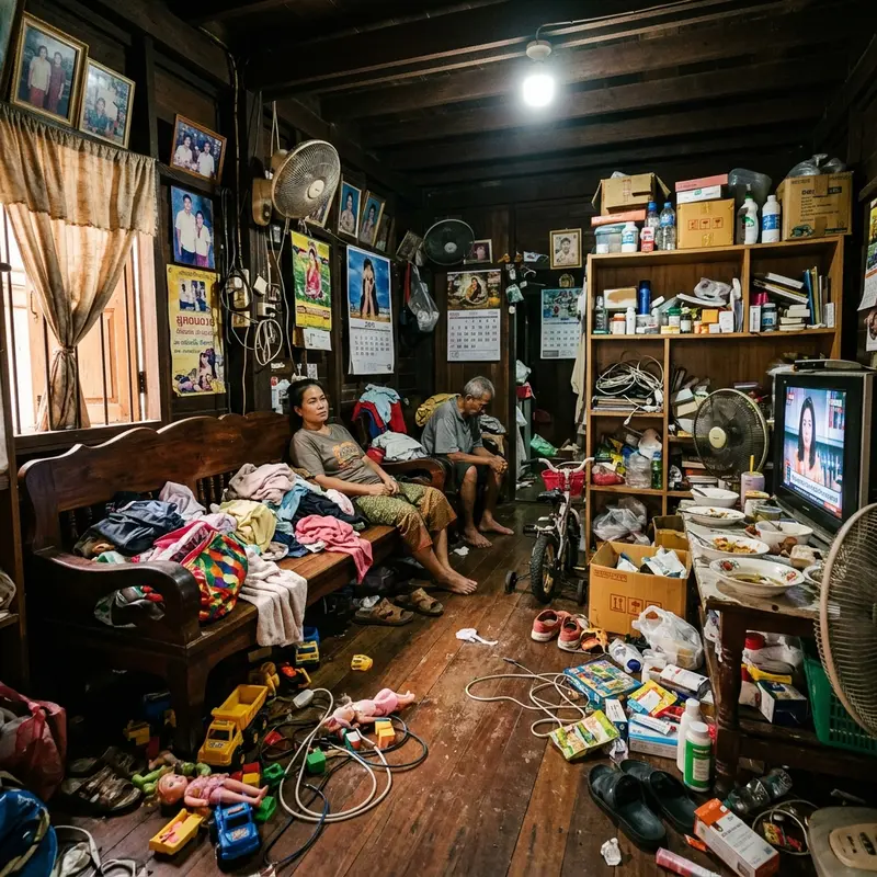 ภาพก่อนทำความสะอาดห้องนั่งเล่นแบบไทยที่รกและมีฝุ่นเยอะ